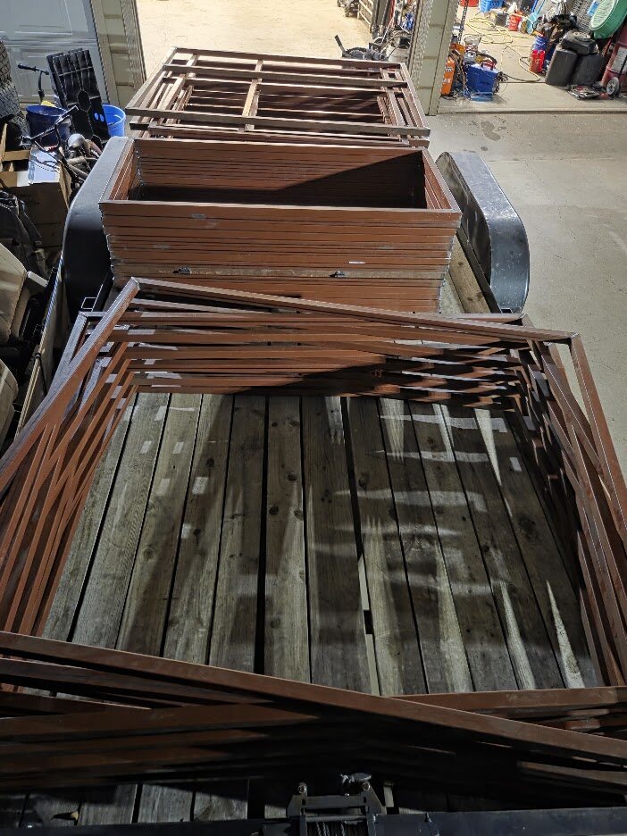 Fabricated steel frames stacked for installation